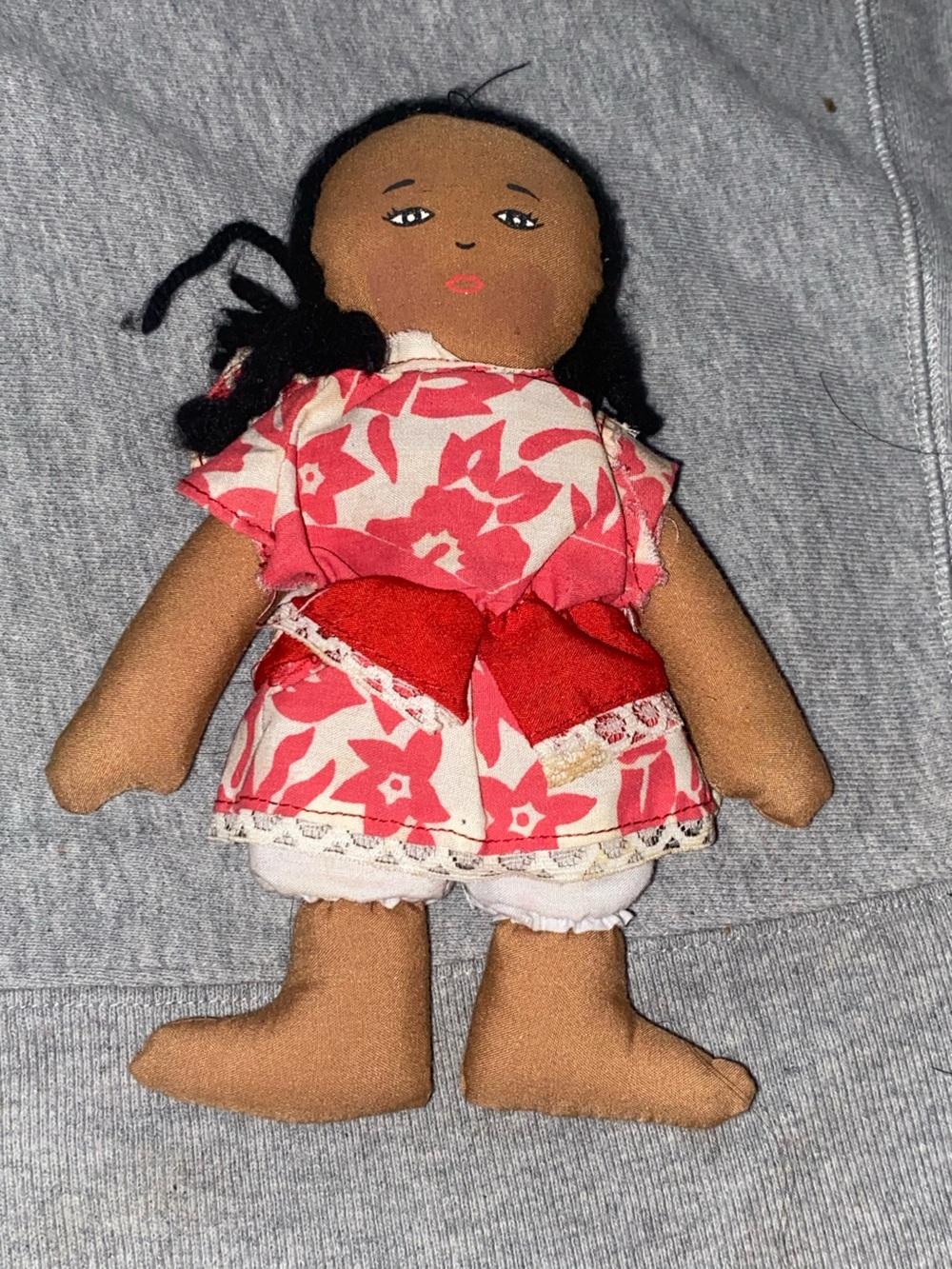 Handmade Fabric Doll in Red Floral Dress